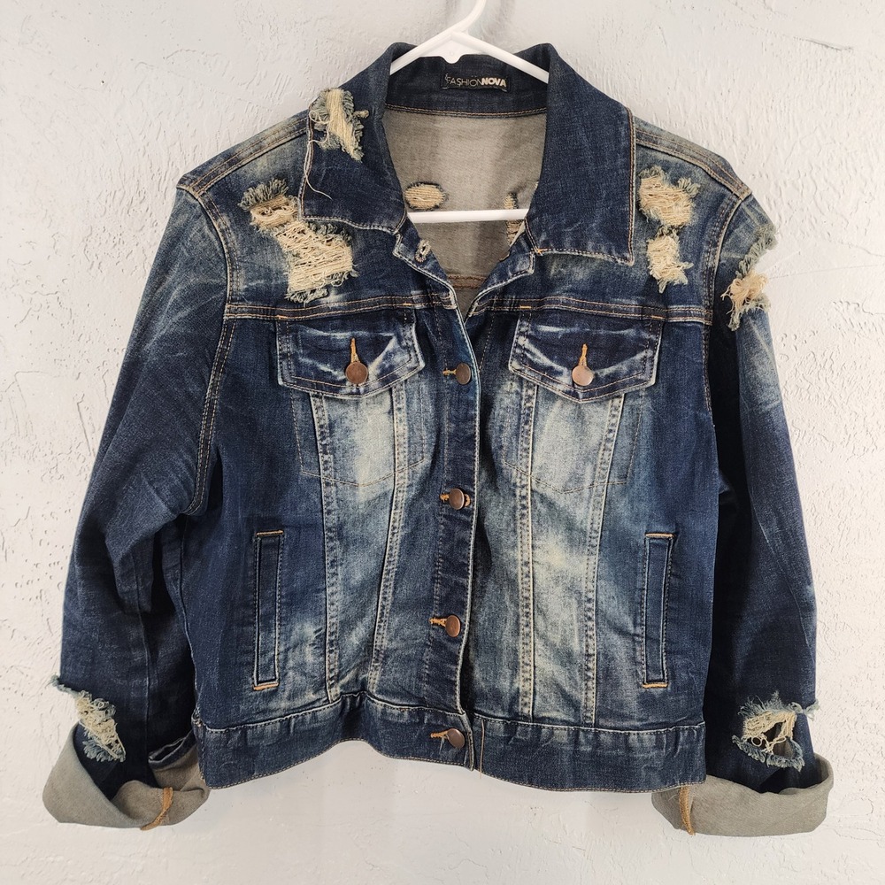 Fashion Nova Blue Distressed Heavily Ripped Acid Wash Denim Trucker Jacket XL